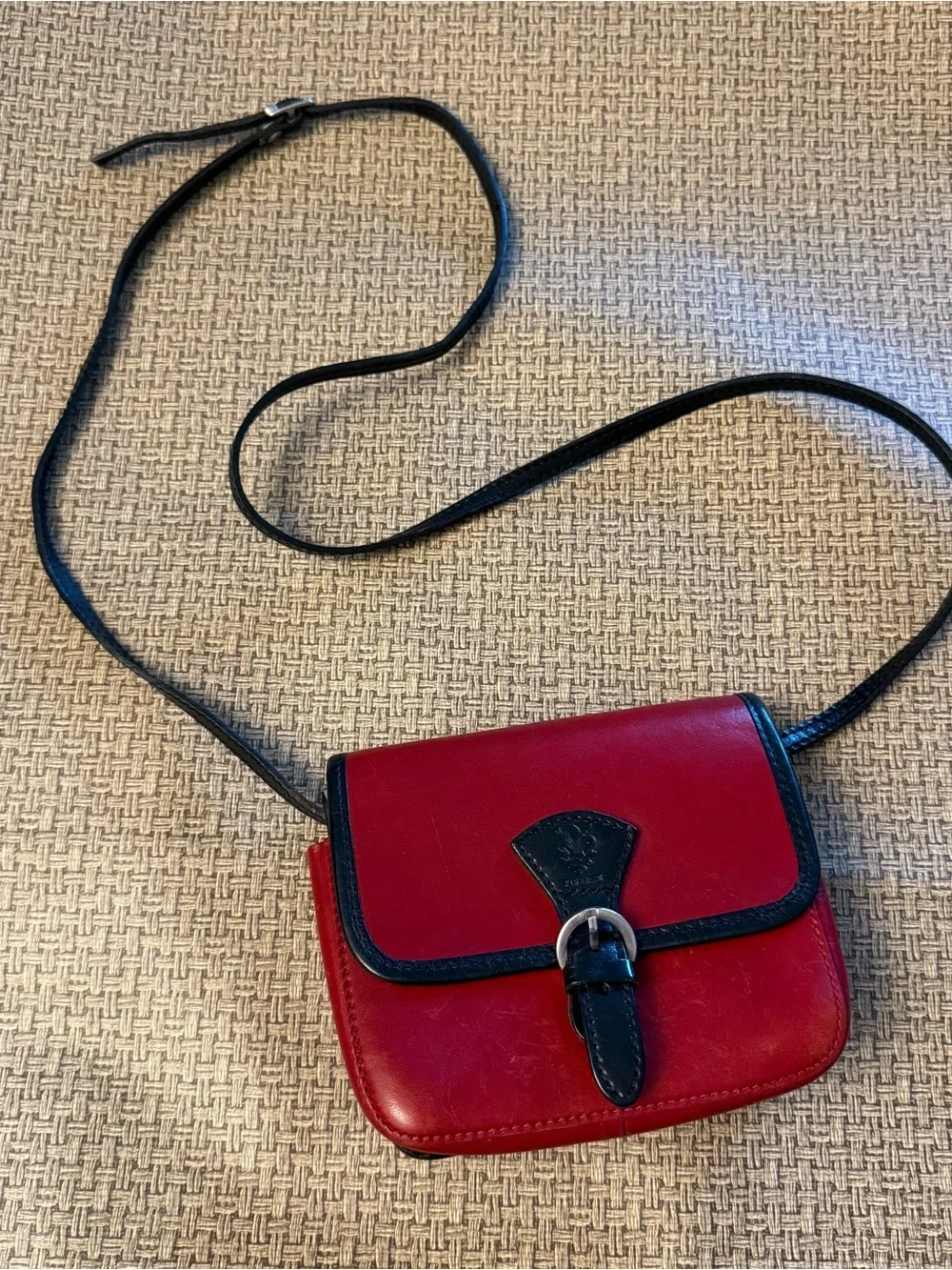 Vintage Firenze Italian Leather Crossbody Bag Red Black Fleur De Lis